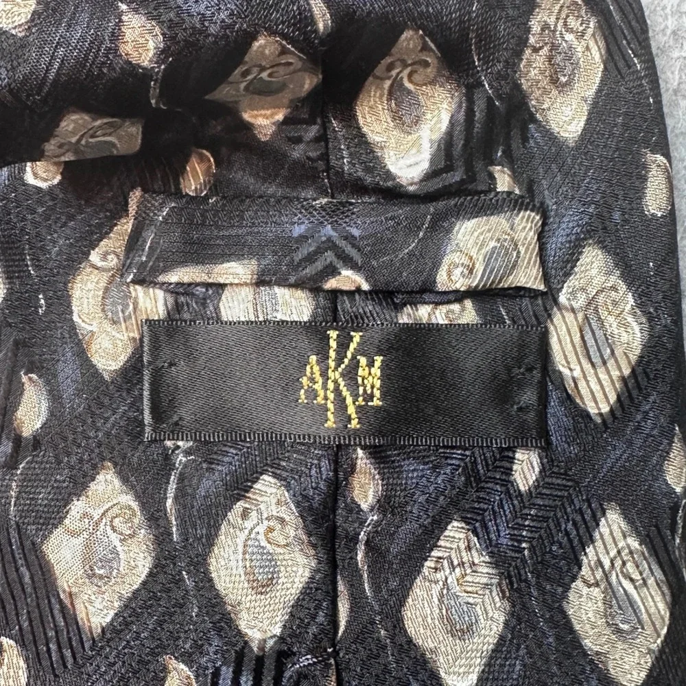AKM Necktie Mens OS Black Gold Diamond Paisley Silk Handmade Italy Geometric Tie